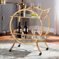 Baxton Studio HE17T246 Arsene Modern and Contemporary Antique Gold Finished 2-Tier Mobile Bar Cart